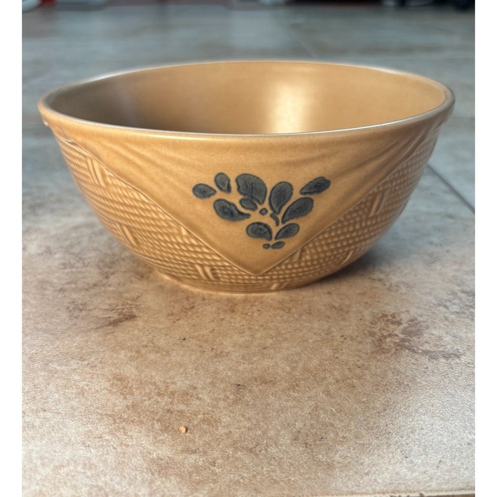 Vintage Pfaltzgraff Folk Art Basket Weave Serving Bowl Set Tan Blue USA 7.25" - Picture 3 of 7